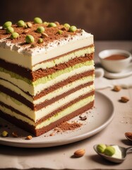 Traditional dessert tiramisu on a plate.