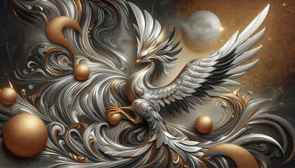 silver marble phoenix sculpture background with gold glitter.generative ai