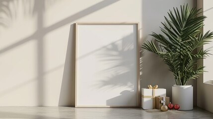 Canvas Print - Stylish empty wooden poster frame with festive gift boxes for celebration and a palm tree in pot on a white background with natural sunlight in the living room corner