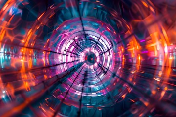 Poster - A dynamic and vibrant tunnel illuminated with colorful neon lights, creating a futuristic and immersive visual experience.