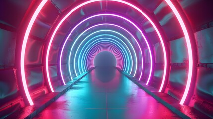 Poster - A vibrant, neon-lit futuristic tunnel with glowing pink and blue lights creating a modern, immersive visual experience.