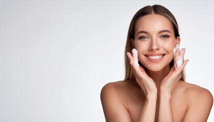 Wall Mural - Close up portrait of beautiful woman clean her skin with cleansing gel washing face and smiling from pleasure standing over white background  Generative AI