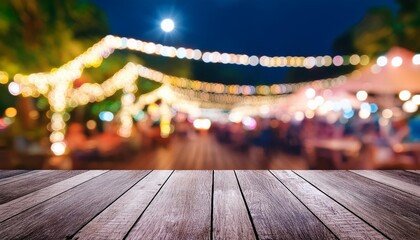 Wall Mural - empty grey wooden floor or wooden terrace with abstract night light bokeh of night festival in garden blurred background copy space for display of product or object presentation vintage