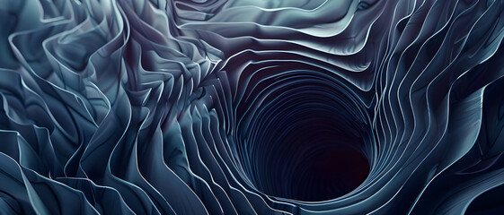 Poster - An abstract fluid sculpture tunnel in blue hues, creating a captivating and mysterious visual effect with layered textures.