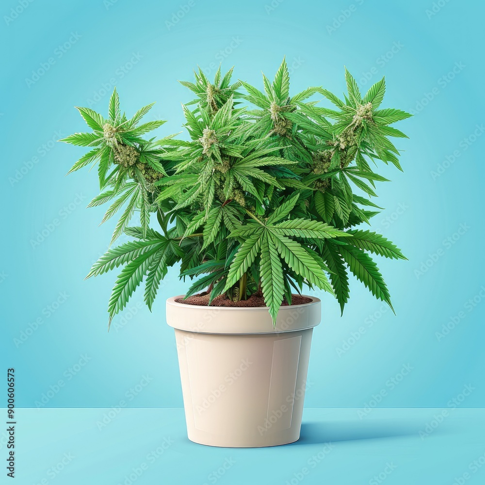 Vibrant green potted cannabis plant on a light blue background ...