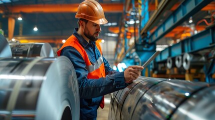 Poster - A man in a safety vest is looking at a tablet while standing in a factory