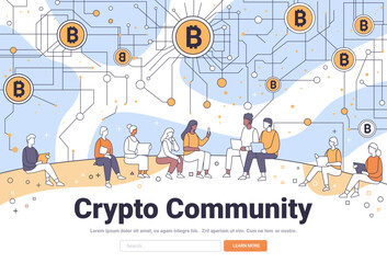 Poster - Crypto Community people discussing Bitcoin network technology digital currency sitting together laptops mobile devices minimalistic line art style