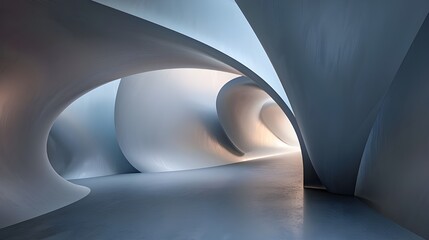 Poster - A serene, abstract interior with smooth, flowing curves and a soft blue hue, creating a tranquil and modern ambiance.