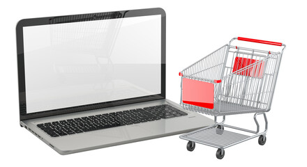 Poster - Laptop and empty shopping cart, 3D rendering isolated on transparent background
