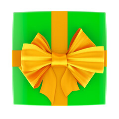 Poster - green gift box with yellow ribbon and bow. top view, 3d rendering isolated on transparent background