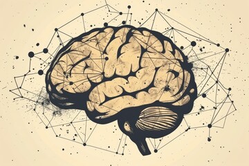 Poster - Artistic black and white brain sketch with geometric elements on light background