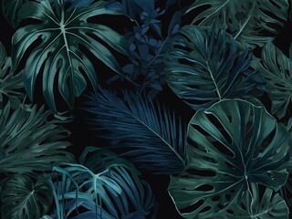 Wall Mural - Tropical leaves in dark green and blue - botanical line art, abstract floral illustration, high contrast