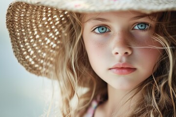 Close-up of a young girl with striking blue eyes, wearing a summer straw hat