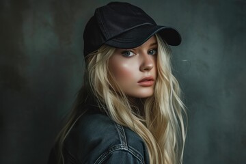 Poster - Portrait of a beautiful young blonde woman with captivating eyes, wearing a trendy black cap