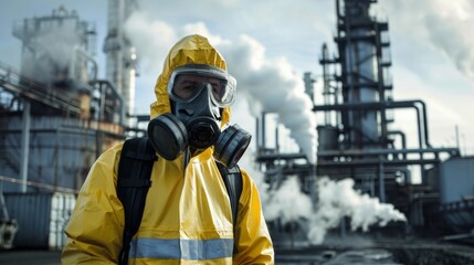 Wall Mural - A man in a yellow protective suit stands in front of a large industrial plant