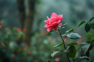 Sticker - Single pink rose blooms gracefully amid the ethereal mist of a serene garden