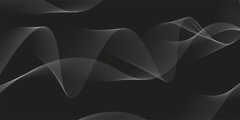 Dark abstract background with glowing wave. Shiny moving lines design element. Modern black white gradient flowing wave lines. Futuristic technology concept.