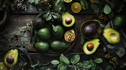 Wall Mural - top view flat lay avocados, passion fruit, leaves and citrus on wooden table.