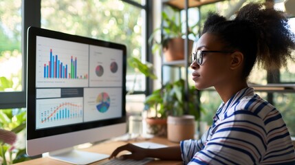 Poster - Data Analysis and Insights: A focused businesswoman, clad in a striped shirt and glasses, meticulously analyzes data charts on a computer screen, radiating professionalism.Generative ai illustration.