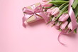 © Sunlight - Beautiful fresh tulips with gift box on color background