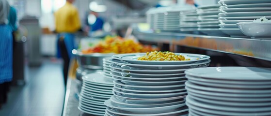 A tidy, bustling restaurant kitchen displays meticulous organization with clean plates, varied dishes on shelves. Two cooks in yellow and blue work efficiently in a clean, prepping environment.