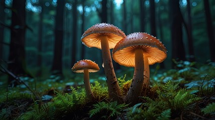 Aufkleber - Delicate Iridescent Mushrooms Glow Mystically on the Forest Floor at Dusk