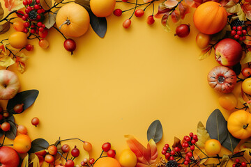 Sticker - Colorful autumn harvest frame of pumpkins, apples, and berries on a yellow background, ideal for festive season displays.