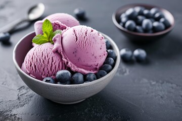 Poster - Bowl of homemade blueberry ice cream garnished with mint on a dark background