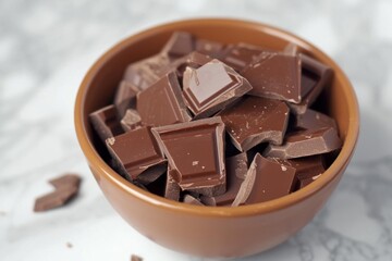 Sticker - Close-up of a bowl filled with rich, dark chocolate chunks on a marble surface