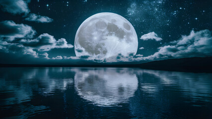 night sky with blue moon in the clouds over the calm blue sea. silhouette of the grass against full 