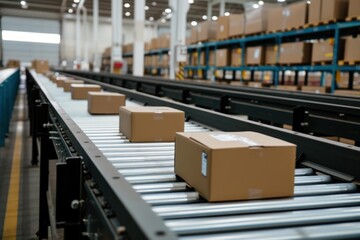 Sticker - Focused view of packages on a conveyor belt in a large distribution center