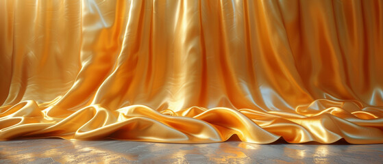 Elegant Shimmering Orange Satin Curtains Draped Gracefully on Wooden Floor