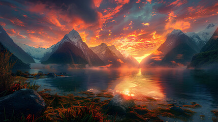 Sticker - Sunrise casts a magical glow over the New Zealand mountains and lake, creating a picturesque scene of natural beauty 1