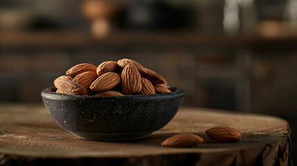 close up almonds on black bowl on wooden table with copy space, food styling plating.