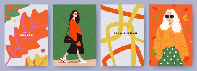 Wall Mural - modern design set of fall poster, cover, card with beautiful girl fashionista in oversized sweater a