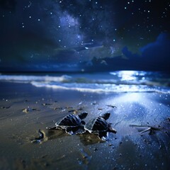 Two turtles are laying on the beach at night