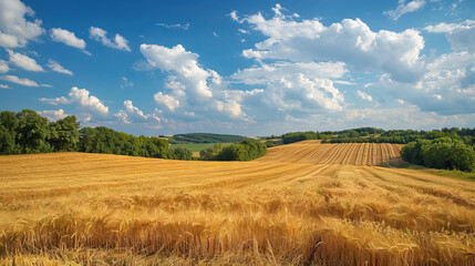 Rural summer landscape, field of ripe wheat, rural landscape trees. Organic grain, rye or oats cereal plants, malts abundance fertility, agriculture.