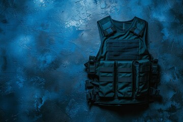 Poster - Top view of a black tactical bulletproof vest on a dark blue textured surface with space for text