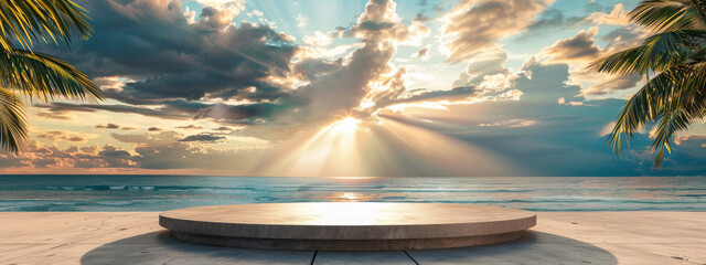 Wall Mural - Stunning Sunset Over Ocean Shoreline With Palm Trees and Dramatic Sky