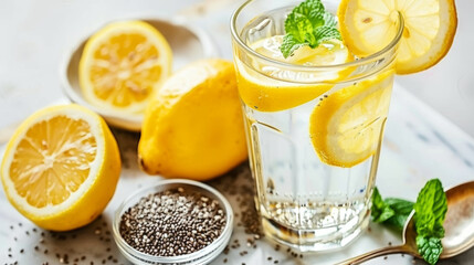 Wall Mural - Glass of chia seed water with lemon and mint on marble countertop. Small dish of dry chia seeds and spoon beside it. Sleek, uncluttered kitchen background..