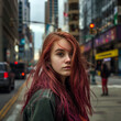 © siaminka - A woman with long red hair stands on a city street