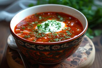 Canvas Print - Vibrant bowl of borscht garnished with sour cream and fresh herbs, perfect for culinary themes