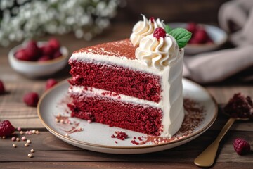 Sticker - Luscious slice of red velvet cake topped with cream cheese and raspberry, presented on a stylish plate