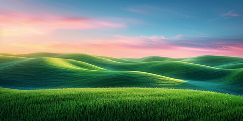 Wall Mural - Beautiful landscape of lush green hills under a soft, colorful sunset sky