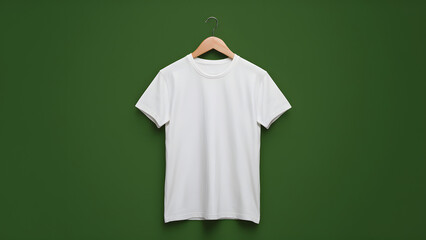 A white t-shirt hanging on a green background