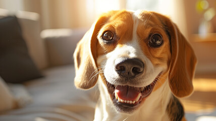 Close-up of a smiling beagle dog in a sunlit home.