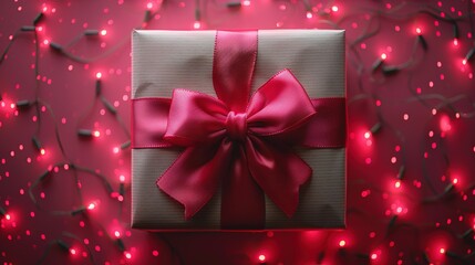 Wall Mural -   Close-up of a gift with red bow and white-red backdrop, illuminated by surrounding lights