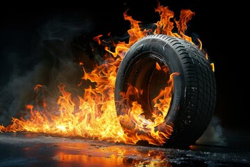 Highresolution image showcasing a burning tire with intense flames against a dark, smokey backdrop