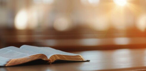 Open Bible on Wooden Table in Sunlit Room