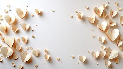 Wall Mural -   White background with hearts cut from paper, scattered at the bottom, lends a heartfelt touch to any design